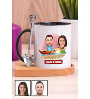 Sevgiliye Hediye Yaz Temalı Karikatürlü Ahşap Altlıklı Siyah Kupa Bardak