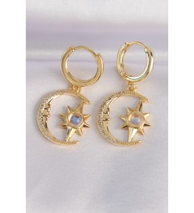 Pirinç Gold Renk Zirkon Taşlı Yıldızlı Ay Tasarım Küpe