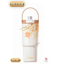 Vagonlife Diller 900 ML Desenli Çift İçim Pipetli / Pipetsiz Termos Taşıma Askılı Termos (Gold)