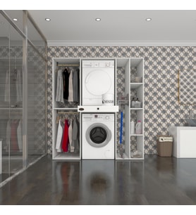 Kenzlife çamaşır-kurutma makinesi dolabı ve giysi dolabı çekmeceli hattabmdf sağ raf byz 187*160*60  % 100 FULL MDF (Beyaz)