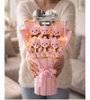 Aynalı Kişiye Özel Led Işıklı Pembe Peluş Ayıcık Buketi Ayıcıklı Peluş Buket