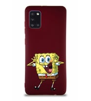 Samsung Galaxy A31 Soft Premier Kapak Sünger Bob Tasarımlı Silikon Kılıf - Mürdüm (Şeffaf)