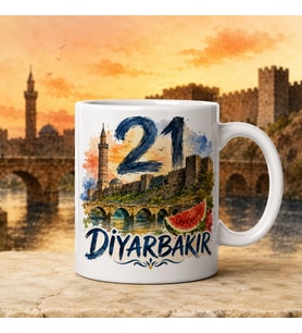 Diyarbakır Temalı Memleket Kupası – 21 Diyarbakır Surları Tarihi Köprü ve Karpuz Suluboya Baskılı Seramik Kupa