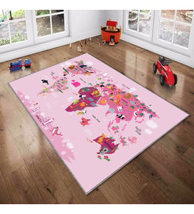 Pembe Dünya Haritası Desenli Yıkanabilir Kaymaz Taban Leke TutmazBebek ve Çocuk Odası Halısı