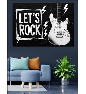 "Let'S Rock" Sloganlı Rock Müzik Elektro Gitar Dekoratif Kanvas - Mdf Ahşap Tablo
