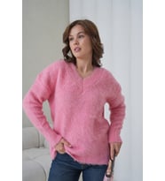 Kadın V Yaka Sakal Dokulu Şardonlu Oversize Triko Kazak 8695 (Pembe)