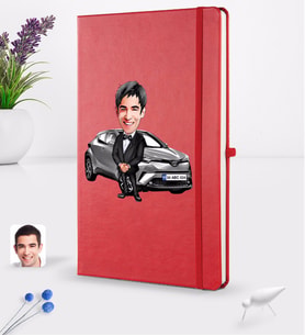 BK Gift Kişiye Özel Plakalı Erkek Toyota C-HR Karikatürlü Kırmızı Termo Deri Defter 16x24cm Model 1