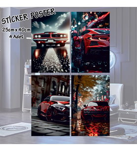 kırmızı spor lüks arabalar - 4 adet yapışkanlı poster sticker etiketler - dolap cam oda için