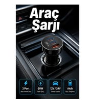 60W Hızlı Şarj Destekli 12V 24V Araç İçi Çok Portlu USB Şarj Adaptörü