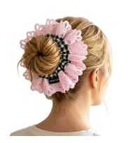 Woodycord El Yapımı Pembe Dantelli Pötikareli Scrunchie Toka