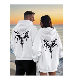 Sevgili Çift Kombin Trend Baskılı Kapüşonlu Sweatshirt 2li Set Takım 3 İplik (Beyaz)