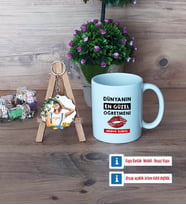 Kadın Öğretmene Hediye Kupa Bardak Beyaz ve Fotoğraflı Ahşap Anahtarlık Hediye (Model 1)