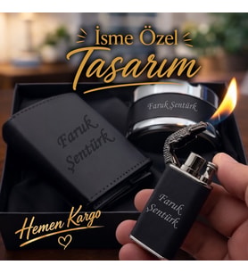 Kişiye Özel Otomatik Mekanizmalı Kartlık l Çakmak I Küllük Erkek Hediye Seti - Sevgiliye Eşe Babaya Arkadaşa Hediye