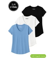 Kadın 3'lü Paket Siyah-Beyaz-Mavi %100 Organik Pamuk Normal Kesim Tişört V Yaka T-Shirt