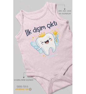 İlk Dişim Çıktı Sıfır Kollu Bebek Zıbını %100 Pamuk