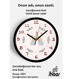 İsme Özel Unicorn ve Gökkuşağı Çocuk Odası Duvar Saati Orta Boy 30 cm Siyah Camlı Sessiz