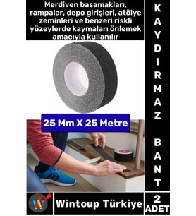 Ultra Güçlü Yapışkan İSG İş Yeri Kaygan Zemin Merdiven Siyah Kaydırmaz Bant 25 Mm X 25 Metre 2 Adet