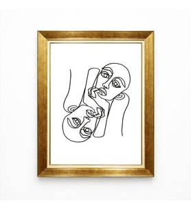 Tablore Altın Varak Çerçeveli Minimalist Tek Çizgi Çizim Ikili Yüz Soyut Duvar Tablosu