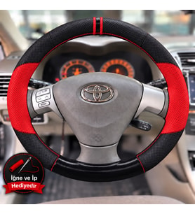 Toyota Corolla E120 Dikme Direksiyon Kılıfı Parlak Siyah Kırmızı Detaylı Kırmızı Çift Yüzük ve Dikiş 2002-2007