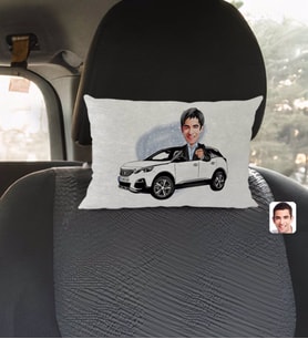 BK Gift Kişiye Özel Plakalı Erkek Peugeot 5008 Karikatürlü Dikdörtgen Araç Koltuk Yastığı-1