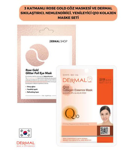 3 Katmanlı Rose Gold Göz Maskesi ve Dermal Sıkılaştırıcı, Nemlendirici, Yenileyici Q10 Kolajen Maske Seti