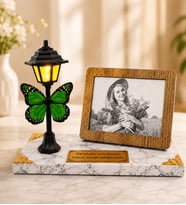 Kişiye Özel Yazılı ve Karakalem Fotoğraflı Beyaz Mermer Tasarımlı Masa Lambası