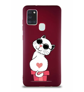 Samsung Galaxy A21S Soft Premier Kapak Coolcat Tasarımlı Silikon Kılıf - Mürdüm (Şeffaf)