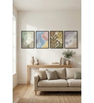 Pastel Tonlarda Modern Soyut Organik Formlar 4’lü Ahşap Çerçeveli Tablo Seti