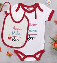 BK Kids Anne Baba Tasarımlı Kırmızı Bebek Body Zıbın ve Mama Önlüğü Hediye Seti-1