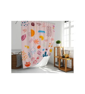 Banyo Duş Perdesi Sevimli Desen Pembe Dijital Baskılı Banyo Perdesi, Tek Kanat C Halkalı-180x200 Cm