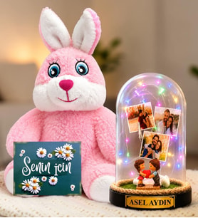 Kişiye Özel 3 Fotoğraflı Renkli LED Işıklı Fanus(kalp tutan aşıklar) ve Sevimli Peluş Tavşan Sevgiliye Hediye Kadına Hediye
