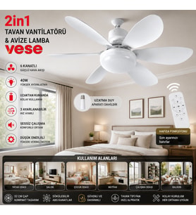 2İN1=TAVAN VANTİLATÖR - AVİZE LAMBA 40W KUMANDALI 6KNAT VNT-005 (5680)