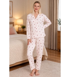 Mirano 9803 Şardonlu Soft Kışlık Düğmeli Ayıcık Desenli Kadın Pijama Takım