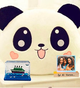 Kişiye Özel Fotoğraflı Panda Peluş Yastık & Mini Batmayan Aşk Gemisi