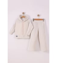 Monox Kız Çocuk Çiçek Baskılı İpli Şeritli Pantolon Fitilli Polar Takım (Taş)