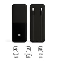 PW-95 PD 22.5W HIZLI ŞARJ LCD Kendiliğinden Type-c Lightning Kablolu 1Usb-A Girişli Powerbank (Siyah)
