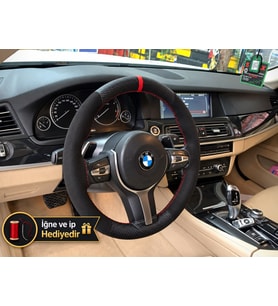 BMW F01/F02 Dikme Direksiyon Kılıfı Alcantara Süet Mat Karbon Kırmızı Yüzük ve Dikiş 2012-2015
