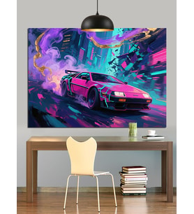 Neon Pembe Spor Araba Dekoratif Kanvas - Mdf Ahşap Tablo