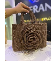 TOTE BAG GÜL DETAYLI,KAGIT İP  ACI KAHVE  ÇANTA