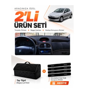 PEUGEOT 206 BÜYÜK EKRANLI (1998-2009) Uyumlu Torpido Örtüsü + Tay Tüyü Bagaj Çantası Seti - Siyah