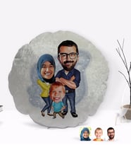 BK Gift Kişiye Özel Tesettürlü Aile Karikatürlü Yuvarlak Dekoratif Kırlent Yastık-1