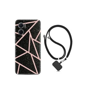 Xiaomi Redmi Note 11e Kılıf Ipli Boyun Askılı Desenli Silikon Pembe Şeritli Mermer 1312