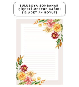 Suluboya Sonbahar Çiçekli Mektup Kağıdı (12 Adet A4 Boyut)