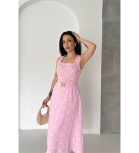 Neşeli butik kadın pembe çiçek nakışlı kemer detaylı kare yaka midi boy yazlık elbise ---- NBK086