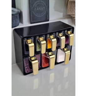 Sekizli Standlı Baharatlık Seti Gold Kulplu Siyah Kapak