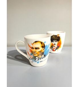Dekoratif Mustafa Kemal Atatürk Baskılı 2 adet Porselen Kupa - Mug - Kahve Fincanı (Doğal Beyaz)