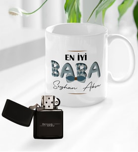 Bk Gift Kişiye Özel Babalar Günü Tasarımlı Kupa Bardak ve Benzinli Çakmak Seti-10, Babaya Hediye , Babalar Günü Hediyesi