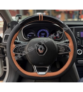 Renault Espace 5 Dikme Direksiyon Kılıfı Parlak Siyah Taba Detaylı Taba Çift Yüzük ve Dikiş 2015-2023