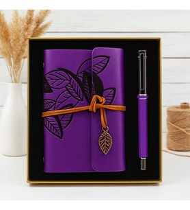 Kişiye Özel Yaprak Desenli Mor Defter Kalem Özel Kutulu  Seti