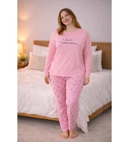 Kadın Büyük Beden Uzun Kollu Rahat Pijama Takımı – Yumuşak Dokulu Konforlu Ev Giyimi (Pudra)